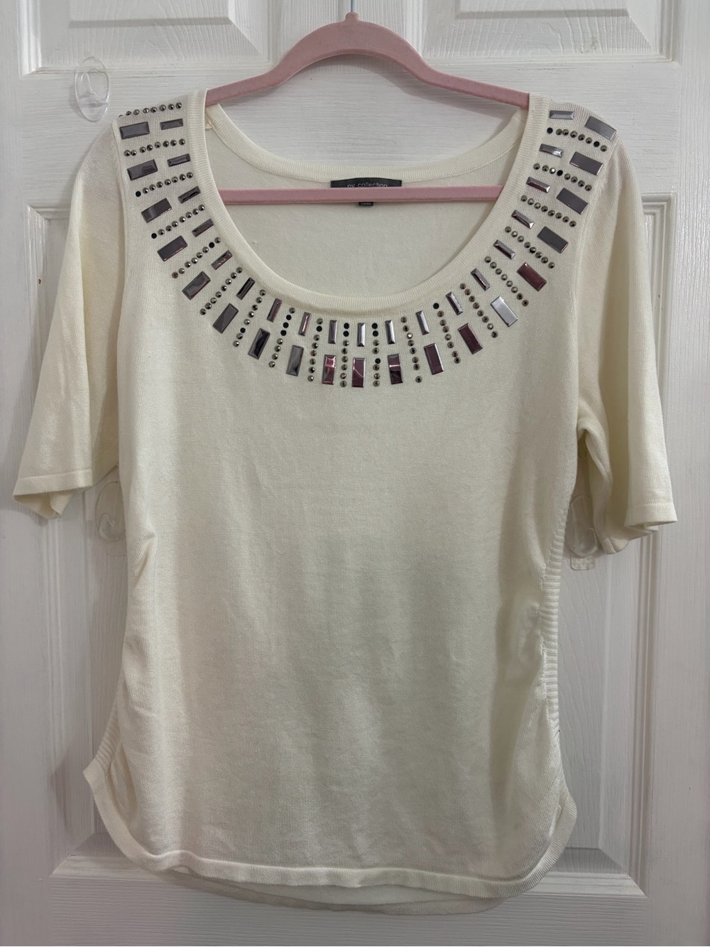 Embellished Cream Scoop Neck Women's Top